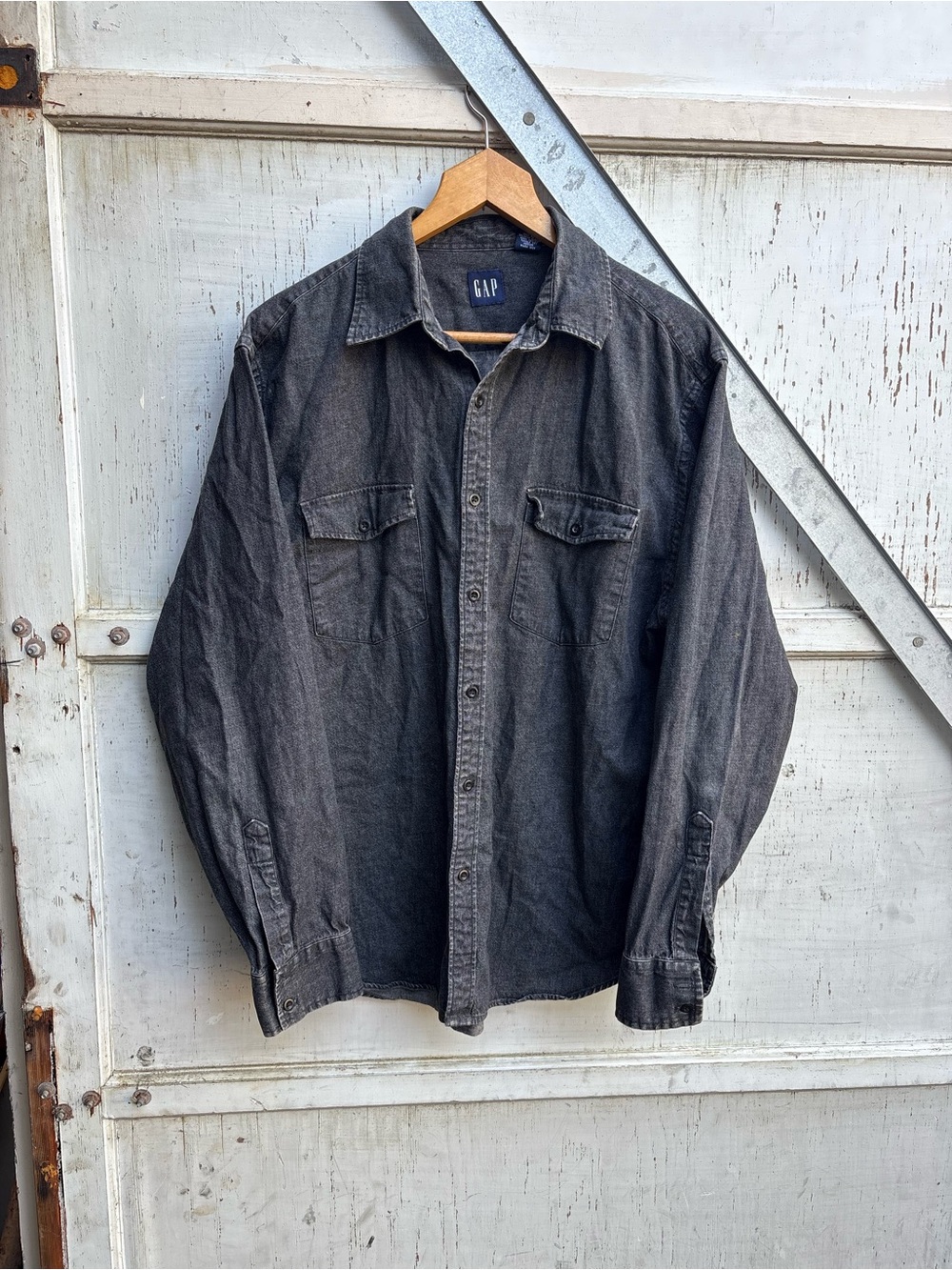 Vintage 00s GAP Men's Washed Charcoal Black Denim Style Cotton Western Shirt L